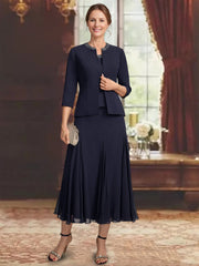 3 Pieces A Line Princess Scoop Sleeveless Tea Length Pleated Mother Of The Bride Dresses With Sequins Beads