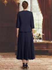 3 Pieces A Line Princess Scoop Sleeveless Tea Length Pleated Mother Of The Bride Dresses With Sequins Beads