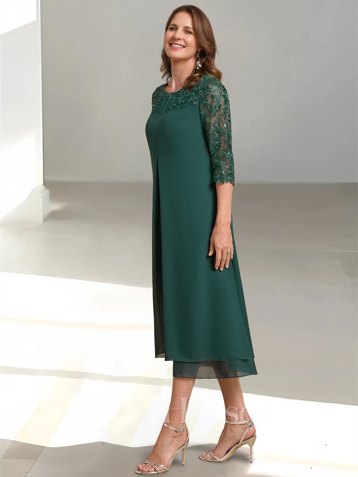 A Line Princess Scoop 3 4 Sleeves Tea Length Mother Of The Bride Dresses With Appliques Sequins