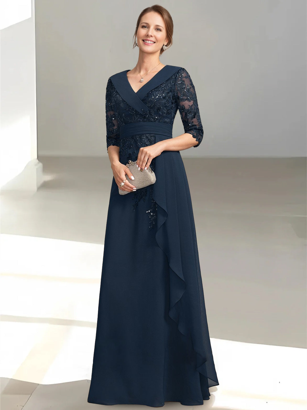 A Line Princess V Neck Half Sleeves Floor Length Mother Of The Bride Dresses With Appliques Sequins Ruffles