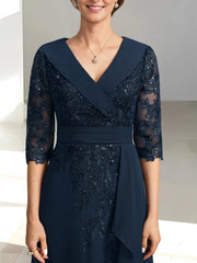 A Line Princess V Neck Half Sleeves Floor Length Mother Of The Bride Dresses With Appliques Sequins Ruffles