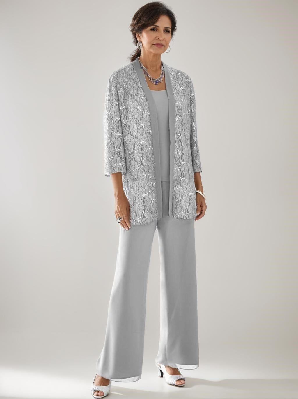 3 Pieces Scoop Neck 3 4 Sleeves Ankle Length Mother Of The Bride Pantsuits With Lace Sequins Jacket