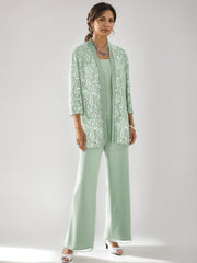 3 Pieces Scoop Neck 3 4 Sleeves Ankle Length Mother Of The Bride Pantsuits With Lace Sequins Jacket