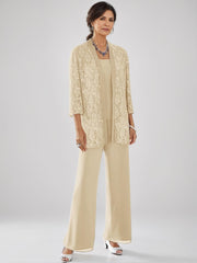 3 Pieces Scoop Neck 3 4 Sleeves Ankle Length Mother Of The Bride Pantsuits With Lace Sequins Jacket