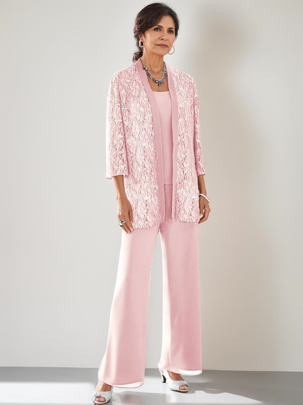 3 Pieces Scoop Neck 3 4 Sleeves Ankle Length Mother Of The Bride Pantsuits With Lace Sequins Jacket