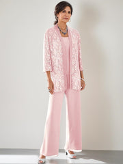 3 Pieces Scoop Neck 3 4 Sleeves Ankle Length Mother Of The Bride Pantsuits With Lace Sequins Jacket