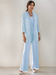 3 Pieces Scoop Neck 3 4 Sleeves Ankle Length Mother Of The Bride Pantsuits With Lace Sequins Jacket