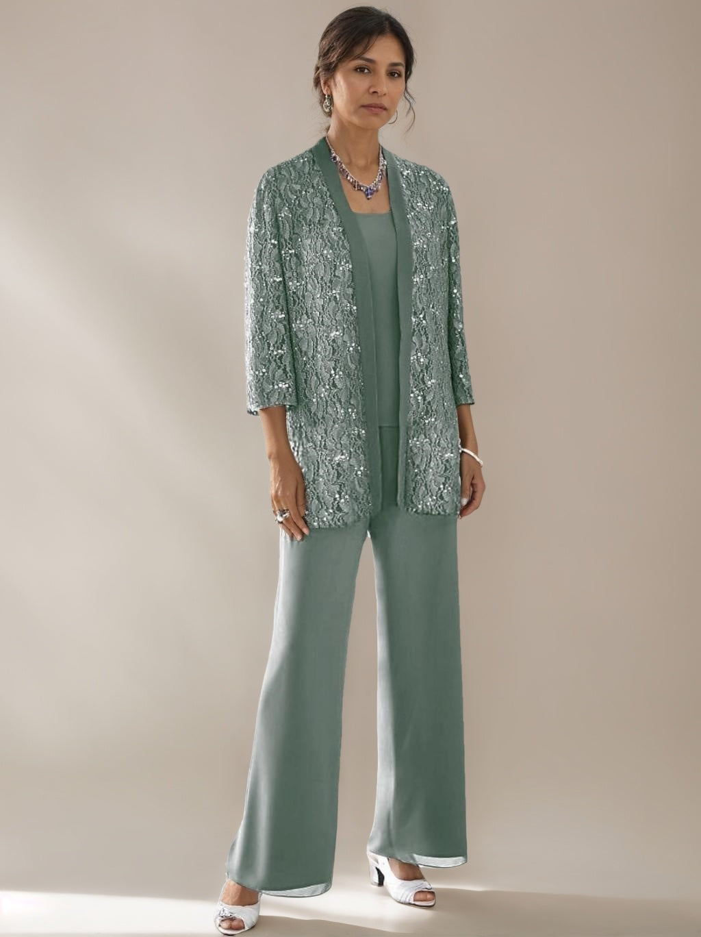 3 Pieces Scoop Neck 3 4 Sleeves Ankle Length Mother Of The Bride Pantsuits With Lace Sequins Jacket
