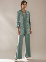 3 Pieces Scoop Neck 3 4 Sleeves Ankle Length Mother Of The Bride Pantsuits With Lace Sequins Jacket