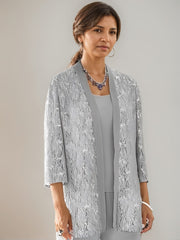 3 Pieces Scoop Neck 3 4 Sleeves Ankle Length Mother Of The Bride Pantsuits With Lace Sequins Jacket
