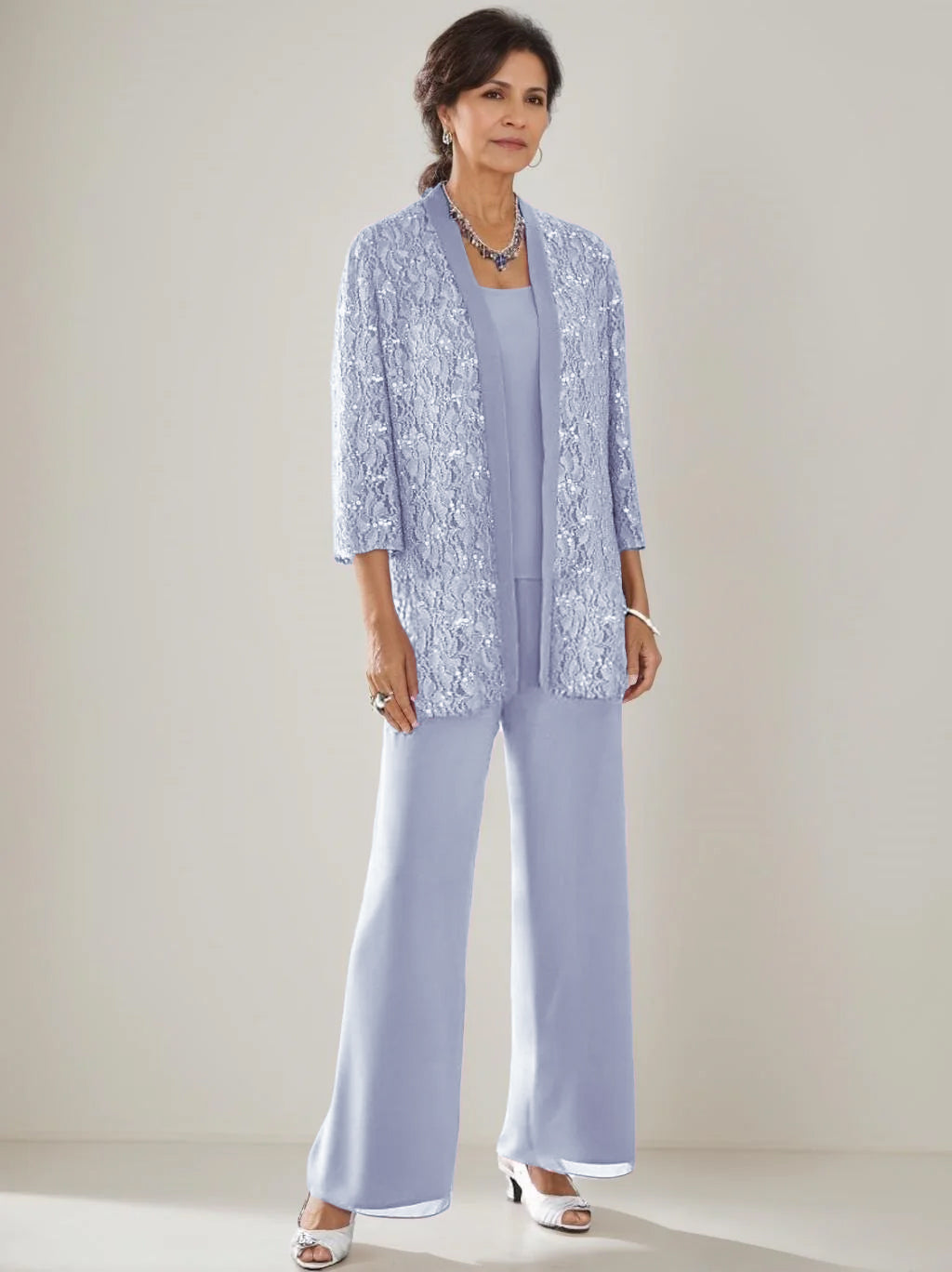 3 Pieces Scoop Neck 3 4 Sleeves Ankle Length Mother Of The Bride Pantsuits With Lace Sequins Jacket