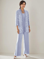 3 Pieces Scoop Neck 3/4 Sleeves Ankle-Length Mother of the Bride Pantsuits with Lace & Sequins & Jacket