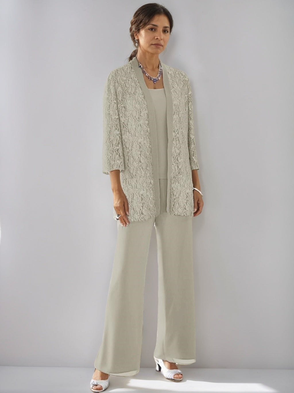 3 Pieces Scoop Neck 3 4 Sleeves Ankle Length Mother Of The Bride Pantsuits With Lace Sequins Jacket