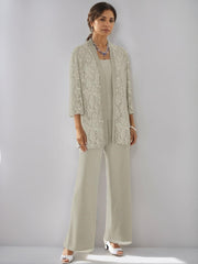 3 Pieces Scoop Neck 3/4 Sleeves Ankle-Length Mother of the Bride Pantsuits with Lace & Sequins & Jacket