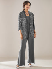 3 Pieces Scoop Neck 3 4 Sleeves Ankle Length Mother Of The Bride Pantsuits With Lace Sequins Jacket