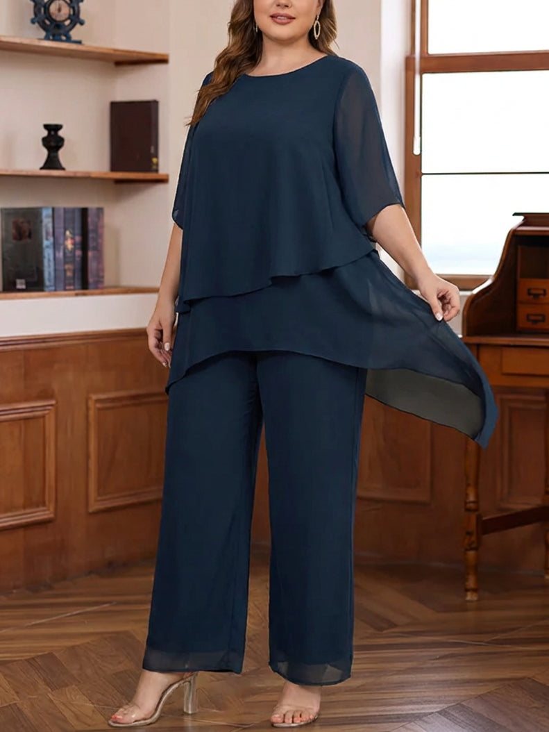 2 Pieces Scoop Chiffon Plus Size Mother Of The Bride Pantsuits Ankle Length Half Sleeves