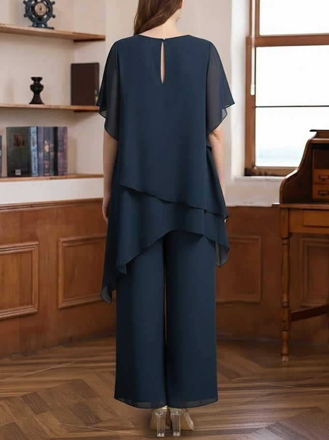2 Pieces Scoop Chiffon Plus Size Mother Of The Bride Pantsuits Ankle Length Half Sleeves