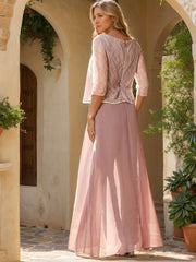2 Pieces Scoop 3 4 Sleeves Floor Length Mother Of The Bride Pantsuits With Lace Appliques