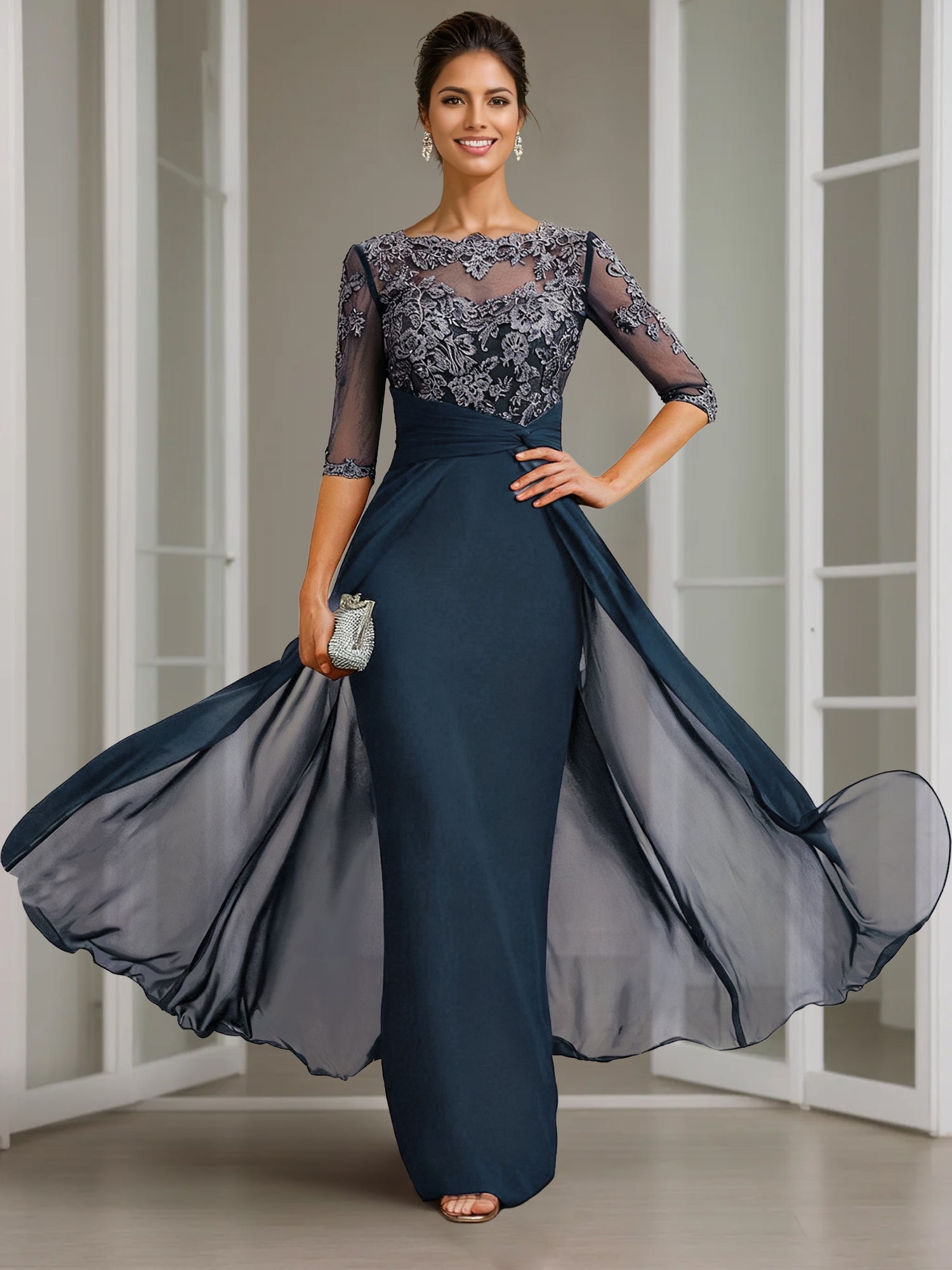 Sheath Column Scoop Chiffon Lace Mother Of The Bride Dresses Half Sleeves Floor Length With Appliques