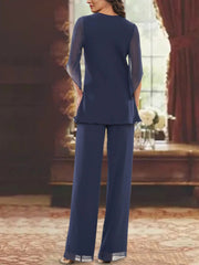 Chiffon V Neck Half Sleeves Mother Of The Bride Pantsuits With Ruffles Ankle Length