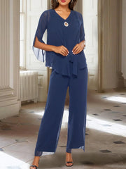 Chiffon V Neck 3 4 Sleeves Mother Of The Bride Pantsuits With Jacket Ankle Length