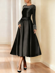 A Line Princess Long Sleeves Jewel Neck Mother Of The Bride Dresses With Beading Tea Length