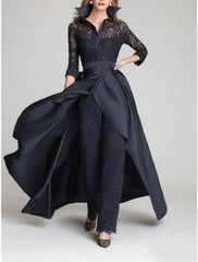 3/4 Sleeves 2 Pieces Mother of the Bride Pantsuits Lace Shirt Collar Jumpsuit Ruched Detachable