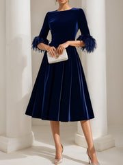 A Line Princess Scoop Velvet Mother Of The Bride Dresses Half Sleeves Feather Trimmed