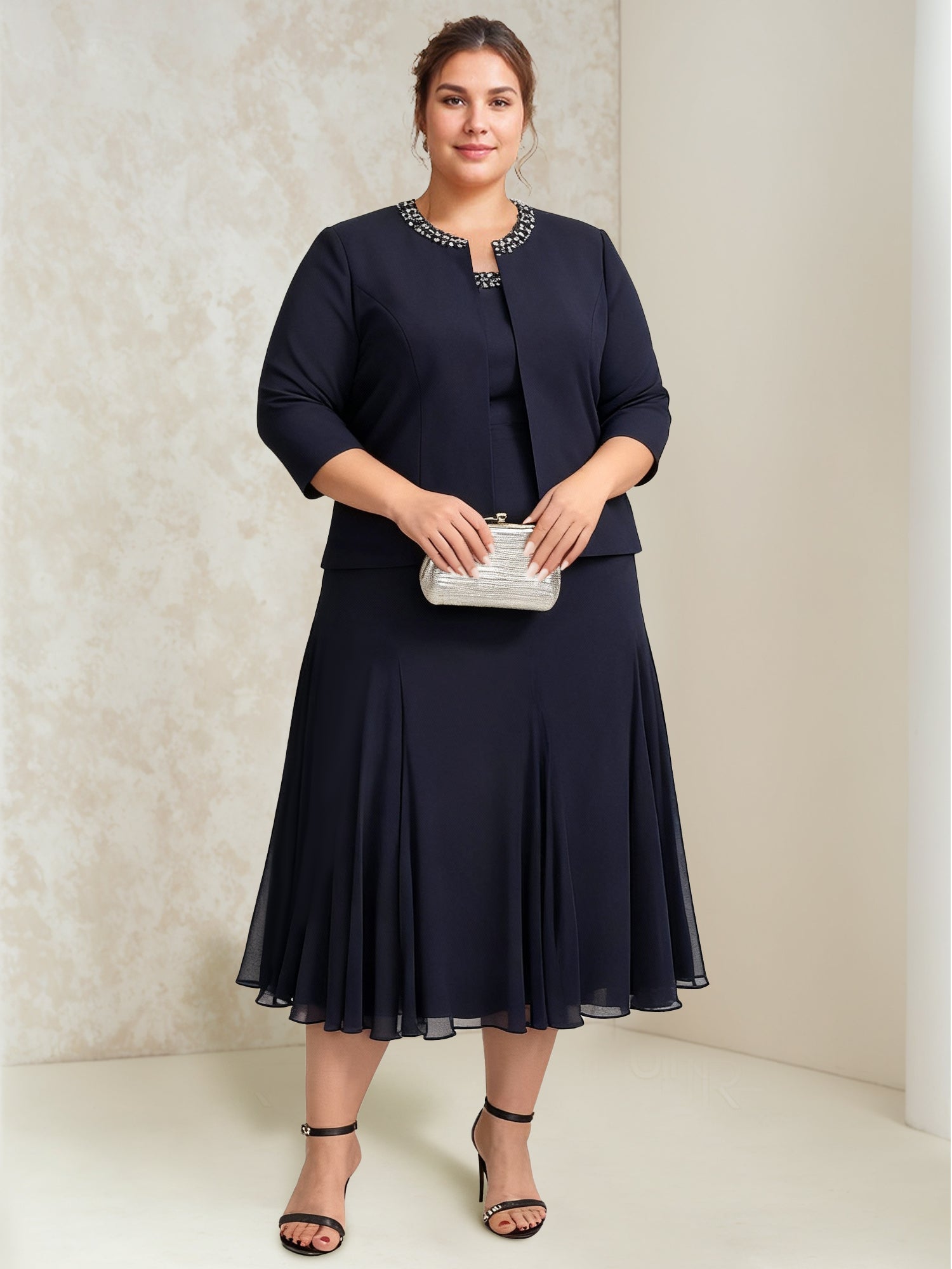 A Line Princess Chiffon Scoop Plus Size Mother Of The Bride Dresses With Wrap Jacket Beading