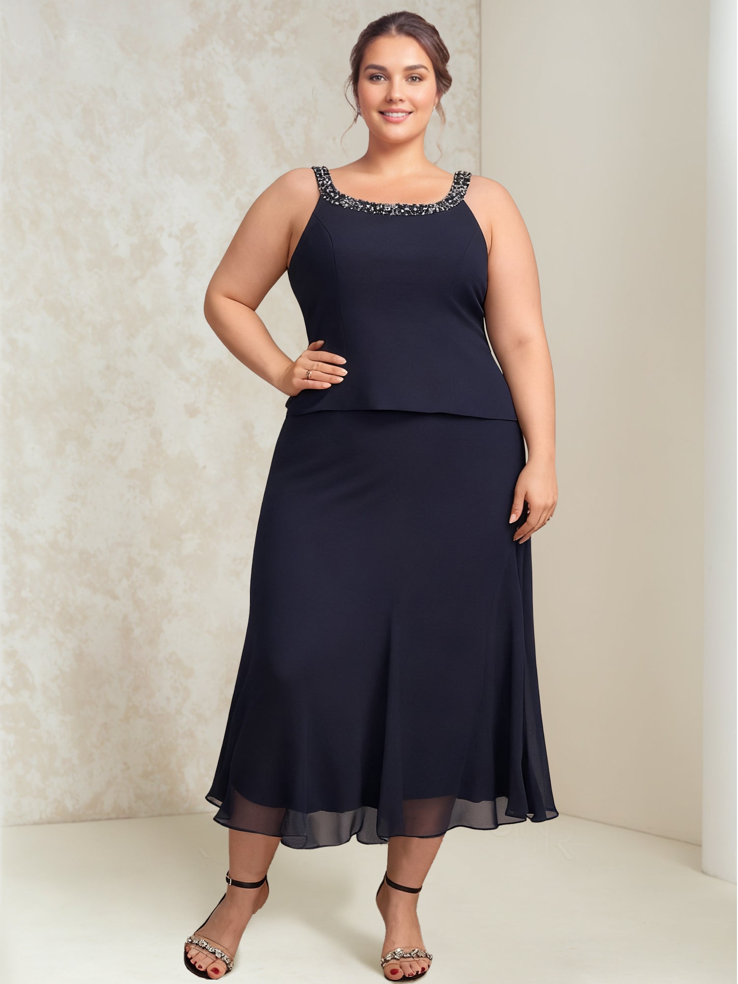 A Line Princess Chiffon Scoop Plus Size Mother Of The Bride Dresses With Wrap Jacket Beading
