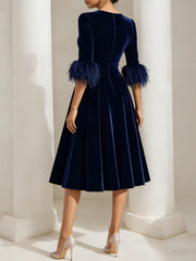 A Line Princess Scoop Velvet Mother Of The Bride Dresses Half Sleeves Feather Trimmed