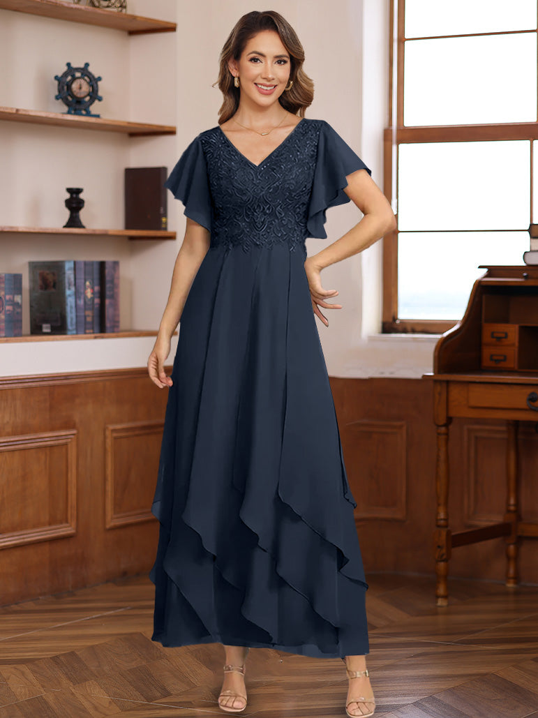 A Line Princess Chiffon V Neck Mother Of The Bride Dresses Lace Ankle Length Short Sleeves Ruffles