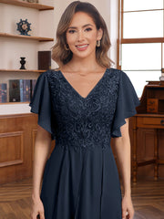 A Line Princess Chiffon V Neck Mother Of The Bride Dresses Lace Ankle Length Short Sleeves Ruffles