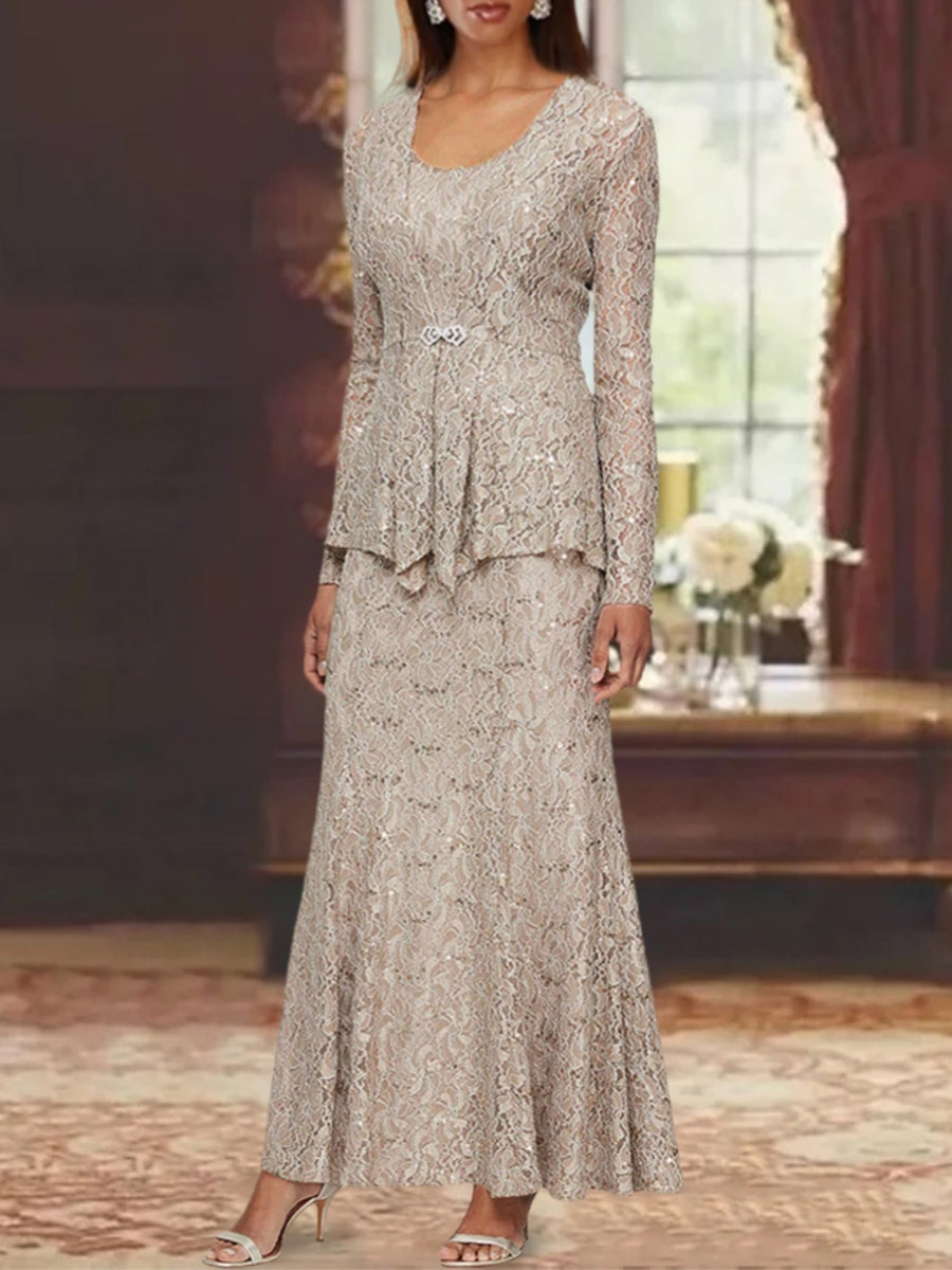 A Line Princess 2 Pieces Scoop Lace Mother Of The Bride Dresses With Jacket Long Sleeves Ankle Length