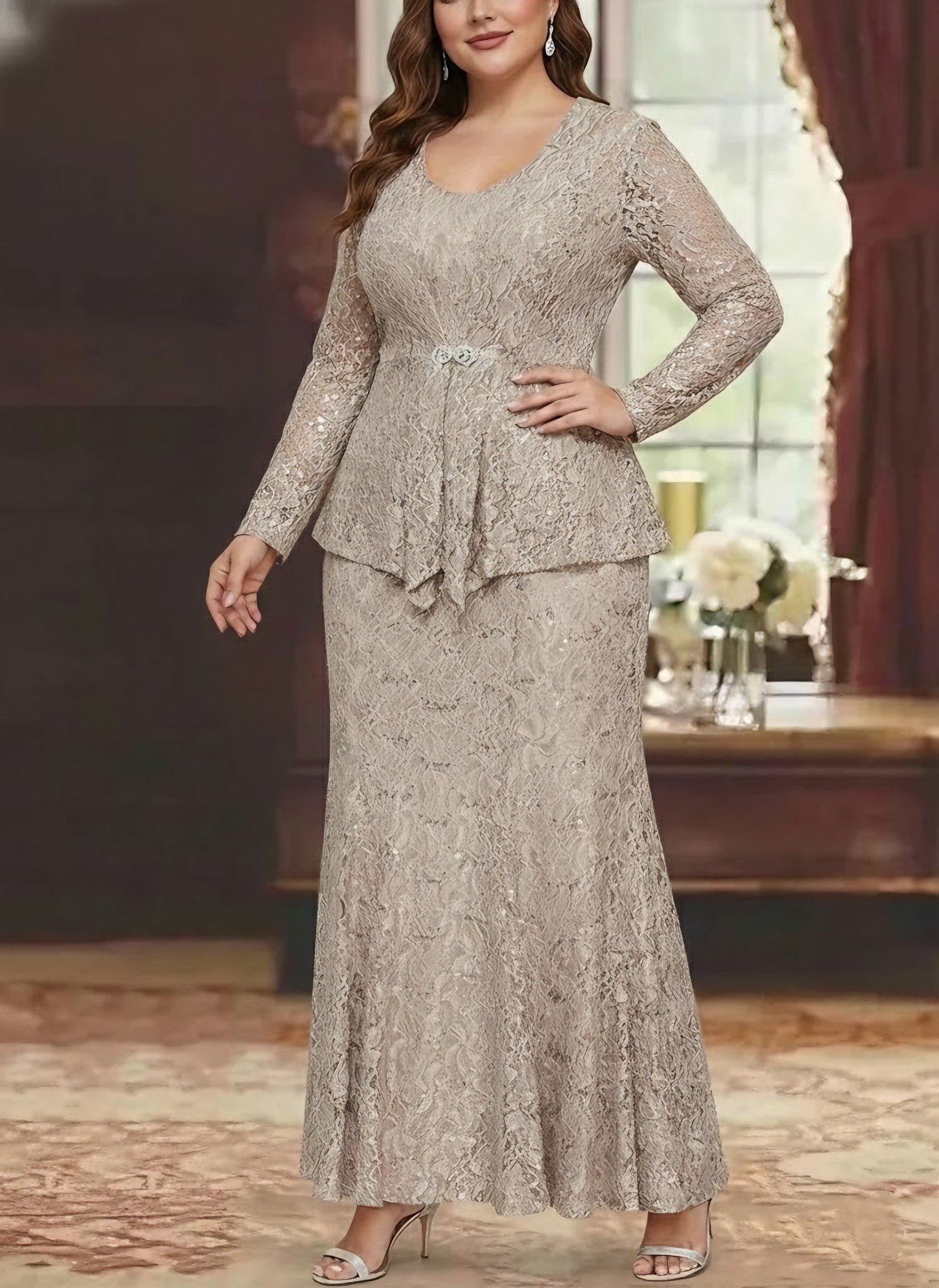 A Line Princess 2 Pieces Scoop Lace Plus Size Mother Of The Bride Dresses With Jacket Long Sleeves Ankle Length