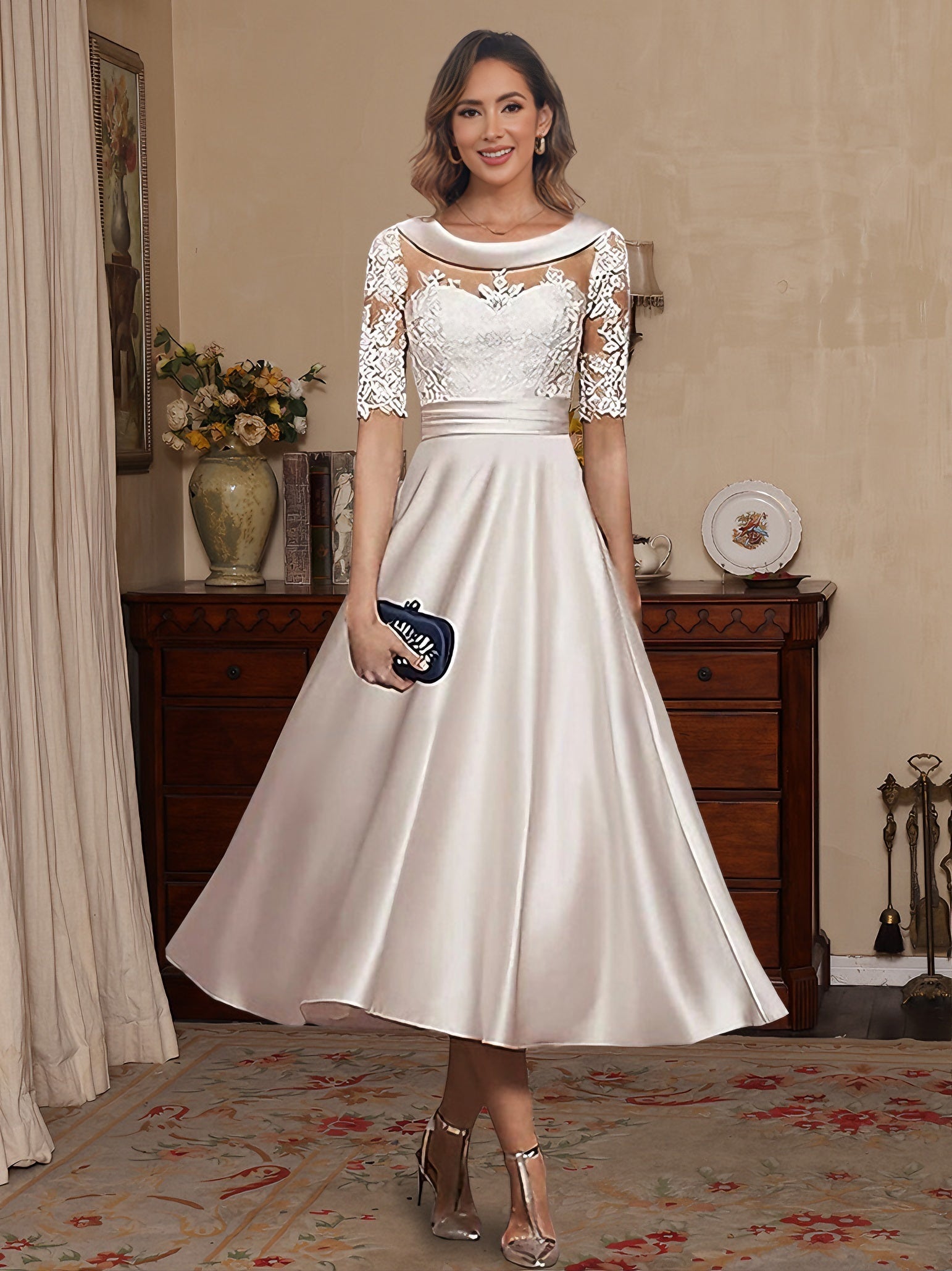 A Line Princess Scoop Satin Mother Of The Bride Dresses Lace Half Sleeves Tea Length