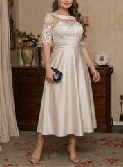 A Line Princess Scoop Satin Plus Size Mother Of The Bride Dresses Lace Half Sleeves Tea Length