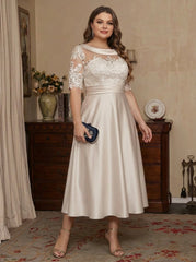 A Line Princess Scoop Satin Plus Size Mother Of The Bride Dresses Lace Half Sleeves Tea Length