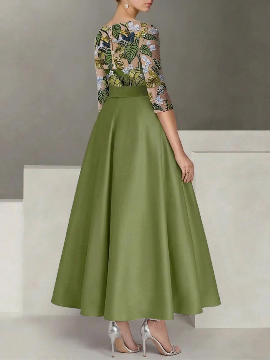 A Line Princess Satin Scoop Mother Of The Bride Dresses 3 4 Sleeves Ankle Length Floral Sequins