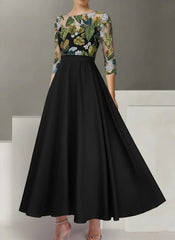 A Line Princess Satin Scoop Mother Of The Bride Dresses 3 4 Sleeves Ankle Length Floral Sequins