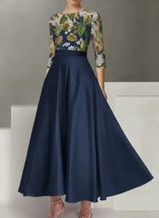 A Line Princess Satin Scoop Mother Of The Bride Dresses 3 4 Sleeves Ankle Length Floral Sequins