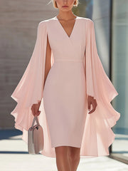 Sheath Column V Neck Chiffon Mother Of The Bride Dresses Knee Length Cape Sleeves Cocktail Dress