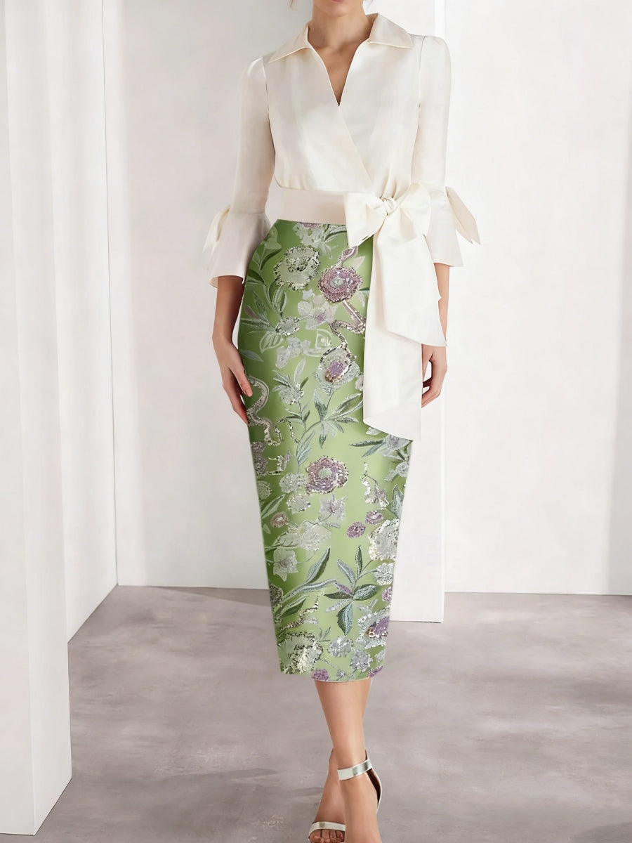 Sheath Column V Neck Satin Mother Of The Bride Dresses 3 4 Sleeves Shirt Collar Floral Tea Length Cocktail Dresses