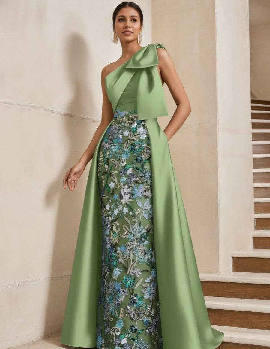 Sheath Column One Shoulder Satin Mother Of The Bride Dresses With Overskirt Sleeveless Floral Floor Length Bow