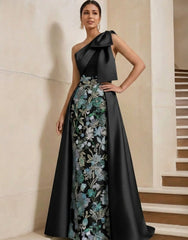 Sheath/Column One-Shoulder Satin Mother of the Bride Dresses with Overskirt Sleeveless Floral Floor-Length Bow
