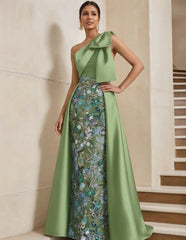 Sheath/Column One-Shoulder Satin Mother of the Bride Dresses with Overskirt Sleeveless Floral Floor-Length Bow