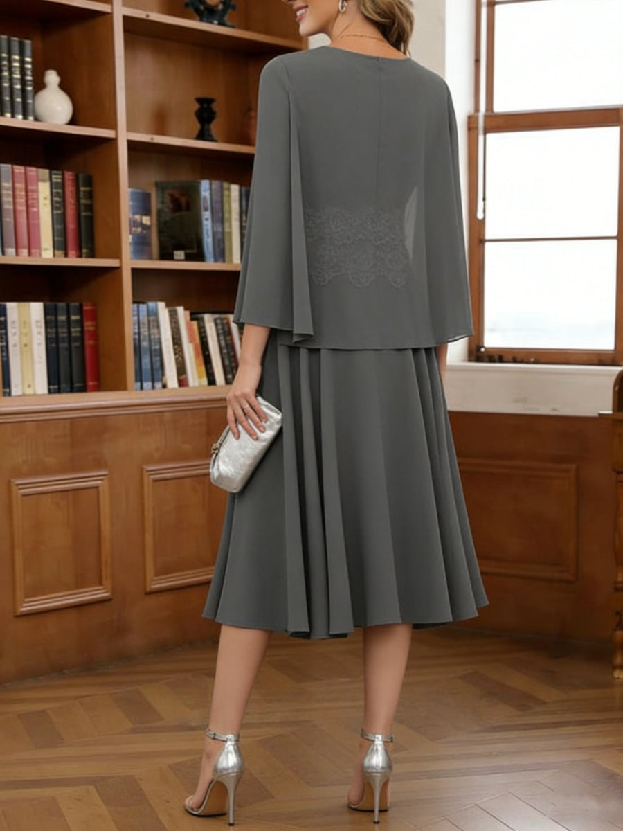 A Line Princess Scoop Chiffon Mother Of The Bride Dresses With Jacket Tea Length Long Sleeves Lace