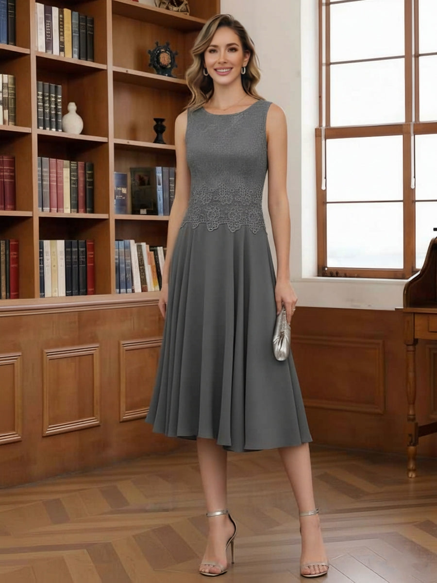 A Line Princess Scoop Chiffon Mother Of The Bride Dresses With Jacket Tea Length Long Sleeves Lace