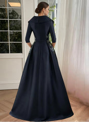 A Line Princess Shirt Collar Satin Mother Of The Bride Dresses Half Sleeves Floral Sequins Lace Floor Length With Split Side
