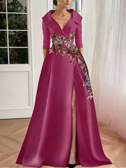 A Line Princess Shirt Collar Satin Mother Of The Bride Dresses Half Sleeves Floral Sequins Lace Floor Length With Split Side
